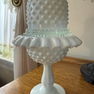 Vintage Fenton Milk Glass Hobnail Fairy Lamp - White Opalescent Pineapple Heart, Ruffled Base
