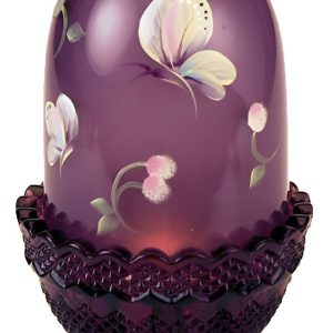 Fenton Purple Hand-Painted Butterfly Fairy Lamp - Floral Motif, Scalloped Base