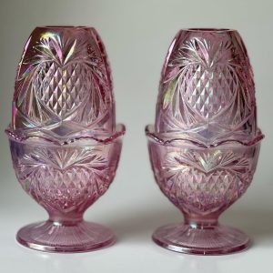 Iridescent Pink Pineapple Fairy Lamps Pair - Carnival Hobnail, Fenton/Mosser Style
