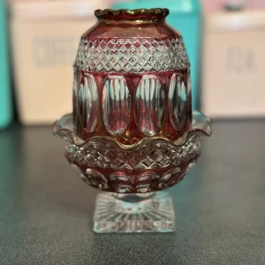 Vintage-Style Ruby Red Fairy Lamp | Oval Facets, Diamond Quilted, Gold-Accented Base